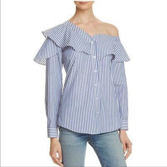 Bardot | Ruffled Striped off shoulder shirt Size M/US 8 - Picture 1 of 10